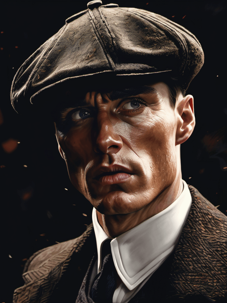 AI generated: Cillian murphy as Thomas shelby, gloomy, dark, 12K, hyperrealism, in the style of mike deodato, real...