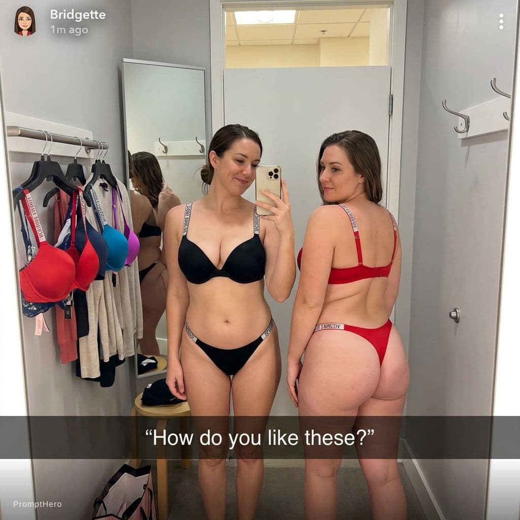 AI generated: Two 30 year old white wome take a mirror selfie in a dressing room. The dressing room rack has multi...
