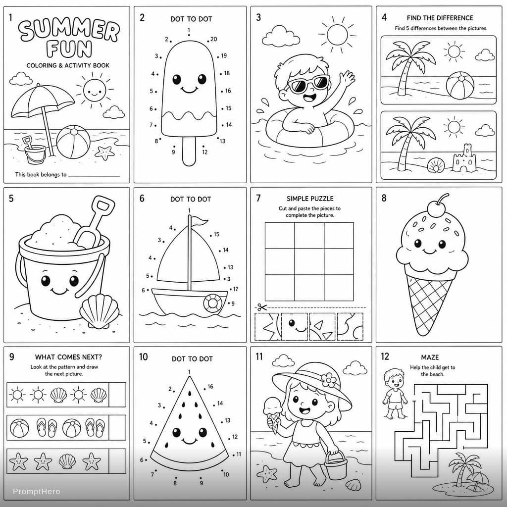 AI generated: i need a summer theme simple black and white line drawing book having 12 pages with different kinds ...