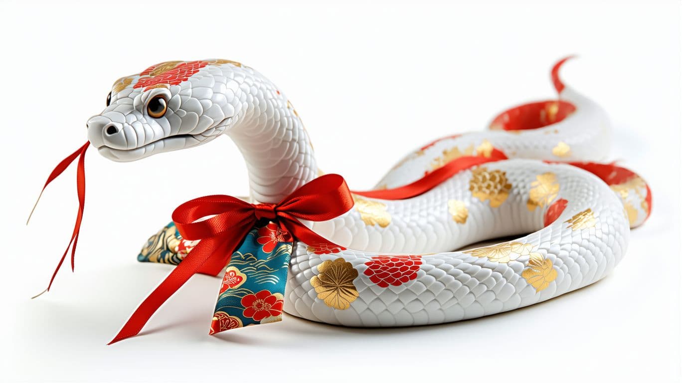 AI generated: Ceramic, cute white snake ornament with red and gold decoration on the body, holding a colorful Japa...