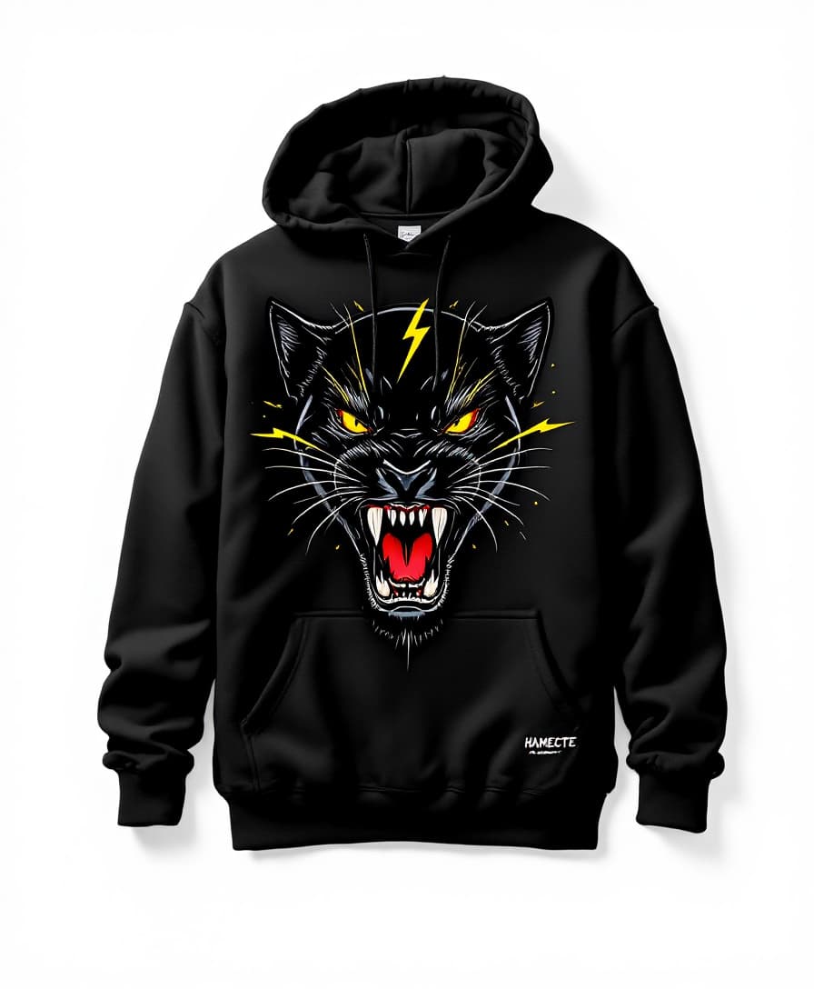 AI generated: photo on a white neutral background for a clothing catalog. photo of a black loose hoodie with a hoo...