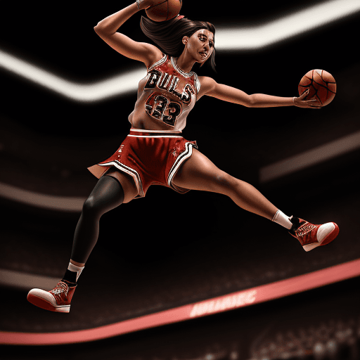 AI generated: full length high resolution image, Jasmine of Disney as female nba bulls basketball player, jordan s...