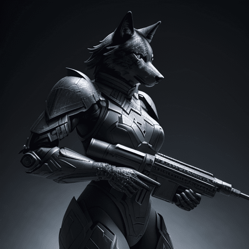 AI generated: Agile black wolf soldier character, anthropomorphic figure, wearing futuristic soldier armor and wea...