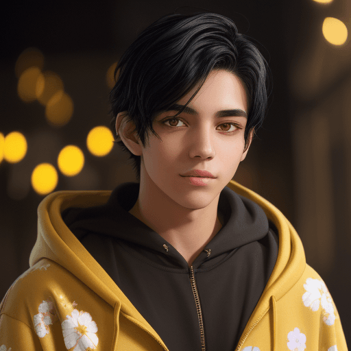 AI generated: A portrait of a young man with light black hair wearing a mustard-colored hoodie with floral accents...