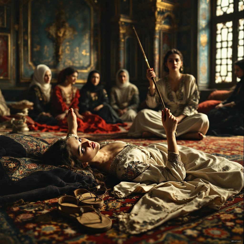 AI generated: A richly adorned Qajar-era harem room with women in traditional Persian attire seated on ornate carp...