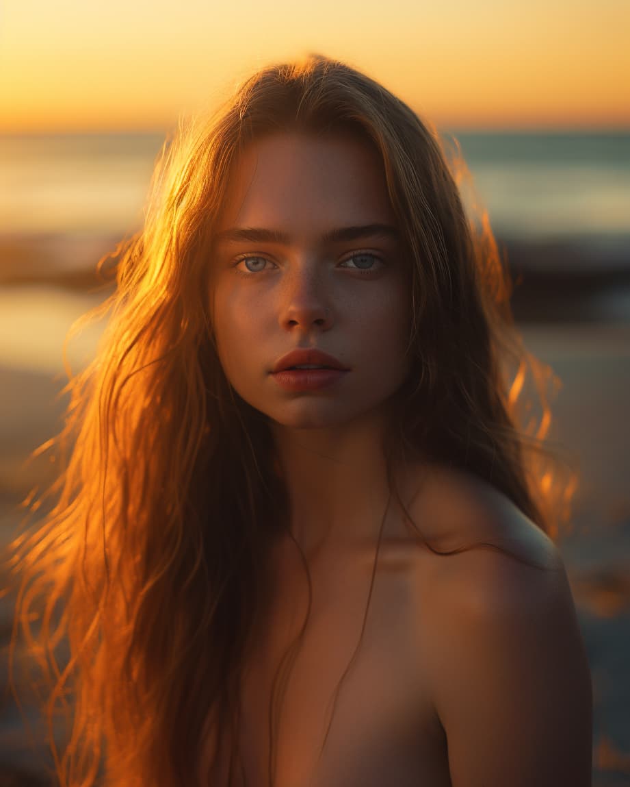 AI generated: professional full body shot of a kristine froseth wearing only a two-piece swimsuit (beach), (dune),...