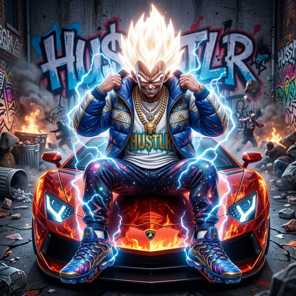 AI generated: frontal view full body full body 3d realistic illustration of an angry hip hop super saiyan prince, ...