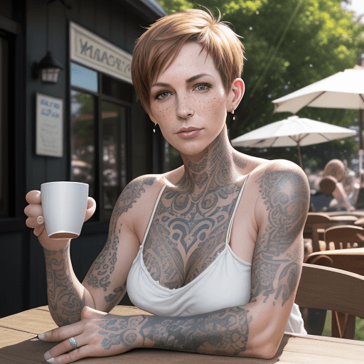 AI generated: attractive 40 year old American woman, slender graceful build, short hair, piercings and arm tattoos...
