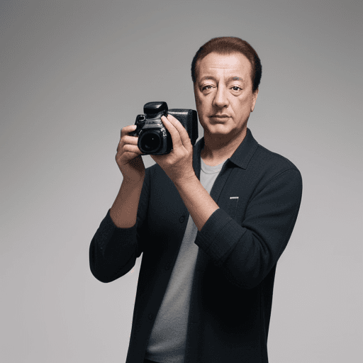 AI generated: Guy standing look to the right with a camera on his have in a position to take a picture