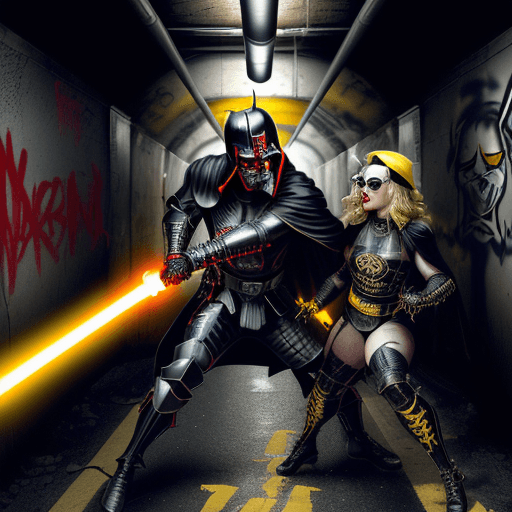 AI generated: Madonna as a mummified demon priest who is apparently immortal is holding a lightsaber and is in a f...