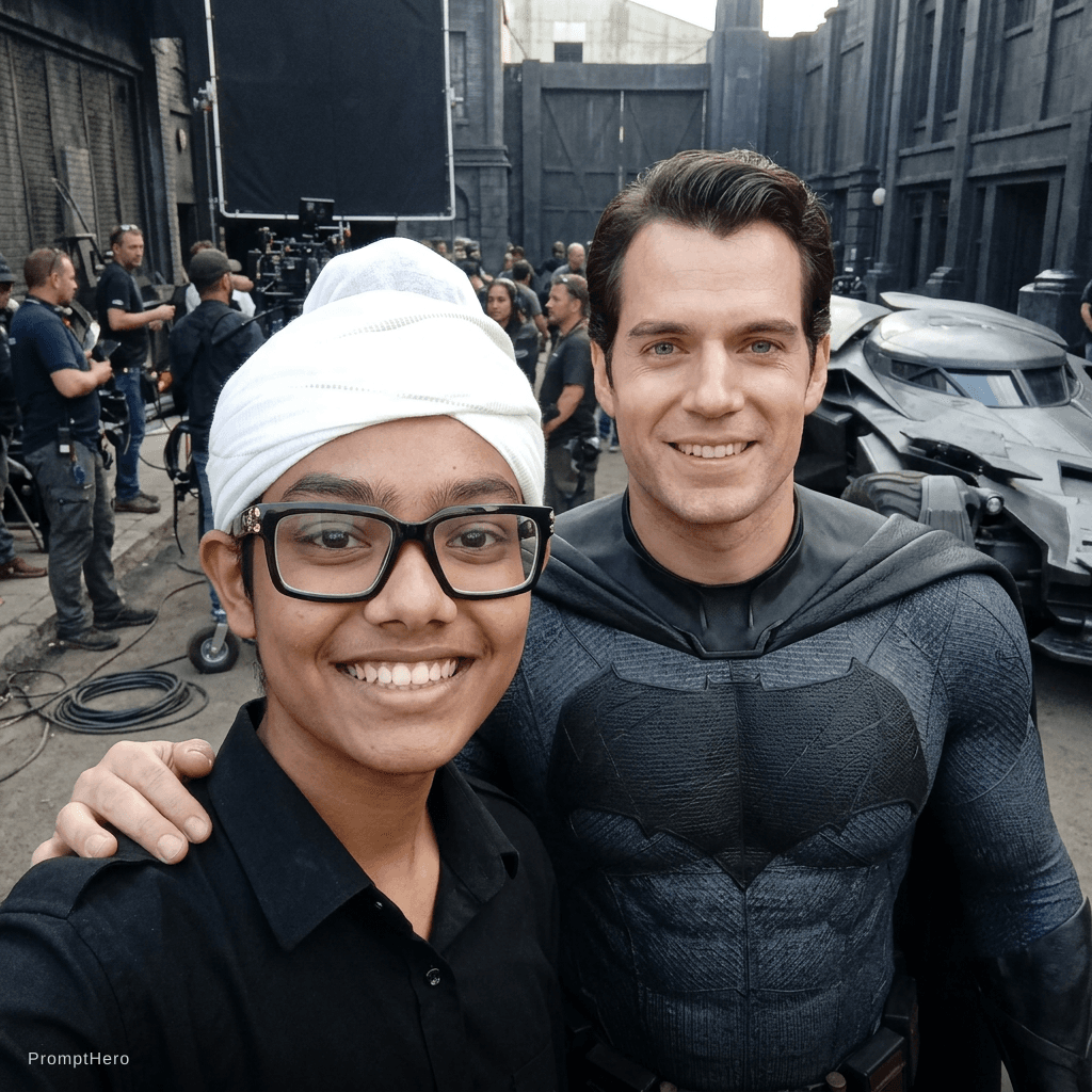 AI generated: With henry cavil at the set of batman
