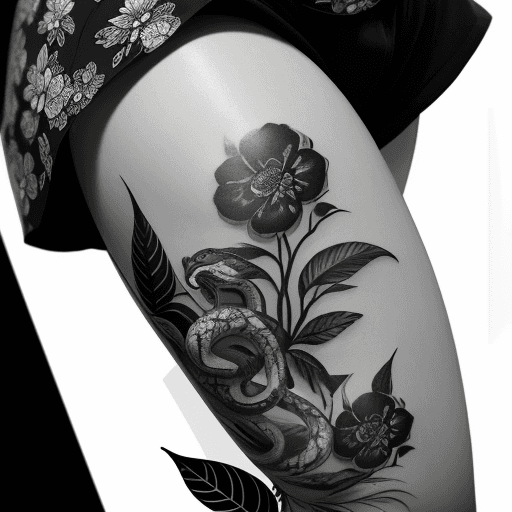 AI generated: Tattoo on thigh, flowers, snakes, black and white, black filled leaves, smooth transitions, patterns
