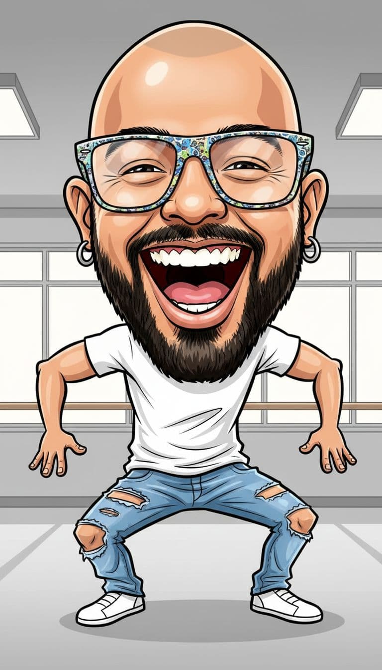 AI generated: funny caricature, hip-hop dancer caricature, a stylish young man with a lean, toned physique (around...
