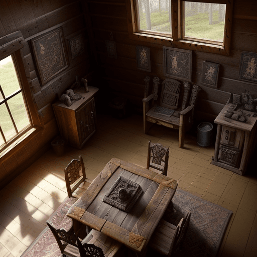 AI generated: Dark and dusty inside a rustic log cabin on the beach, full daylight, one small single-pane window i...