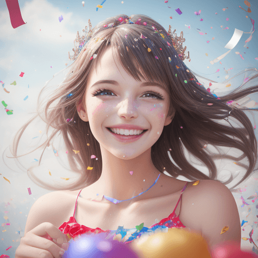 AI generated: photography of beautiful birthday girl with smile, confetti floating around, 8k, photo realism, --ar...