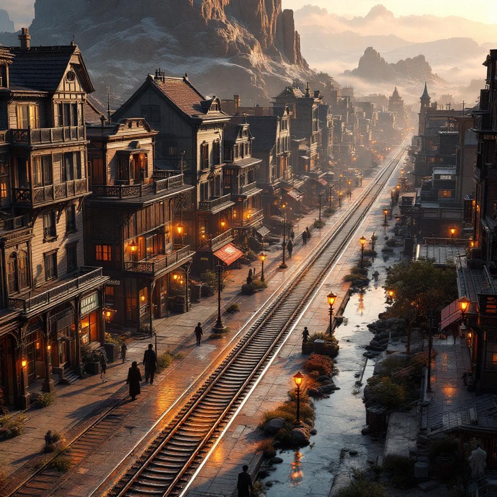 AI generated: Display an aerial view of a sleek, futuristic Old West City, a reminder of the rough terrain of the ...
