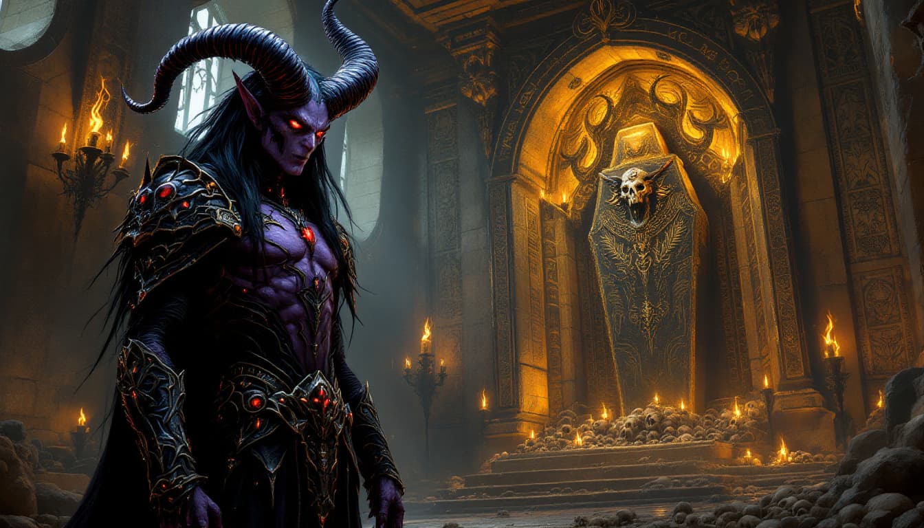 AI generated: In a shadowy crypt, a menacing demon with the refined facial features of a Dark Elf stands tall. Its...