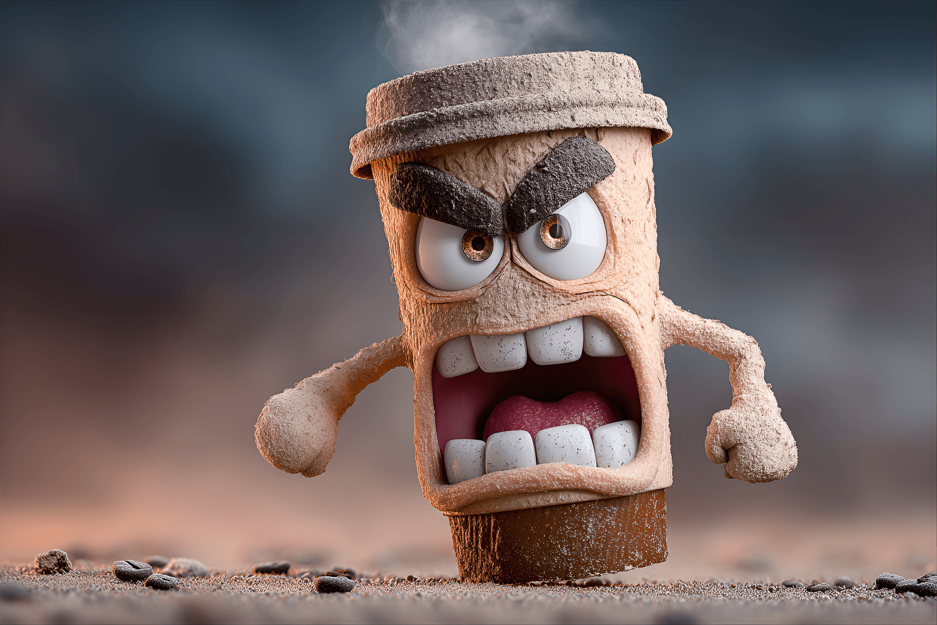 AI generated: funny caricature, anthropomorphic coffee cup character, 1 year old, angry eyes, clenched teeth, stea...