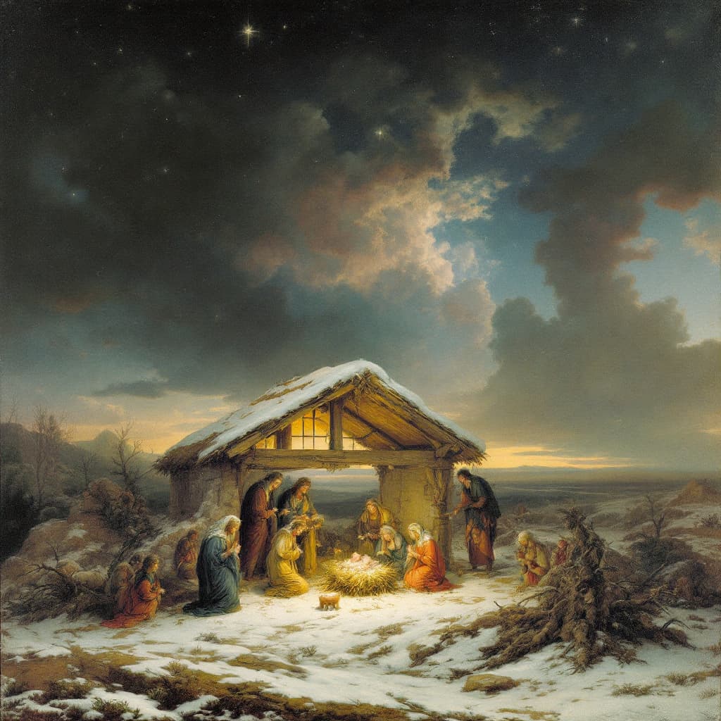 AI generated: nativity scene set in a landscape of Caspar David Friedrich.