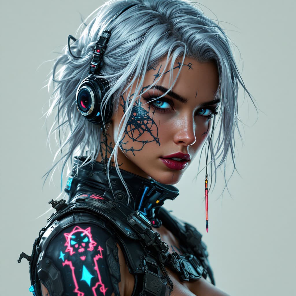 AI generated: realism, cyberpunk huntress, glowing tattoos, silver hair