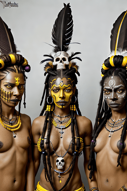 AI generated: Three elegant voodoo priests, all three visible, dark brown skin, faces painted white, black and som...