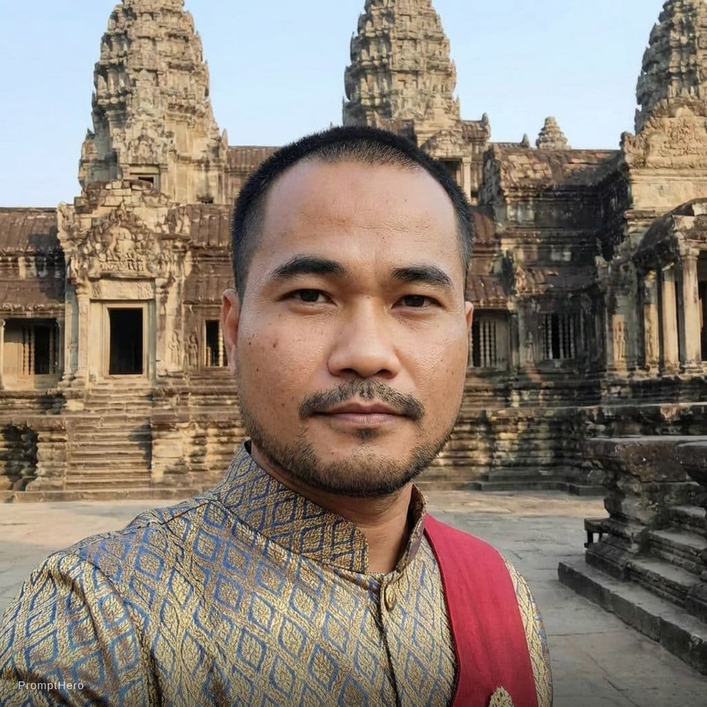 AI generated: Make my hair become shorter 
Wearing KHMER MEN TRADITIONAL CLOTHING 
Keep original face and features...