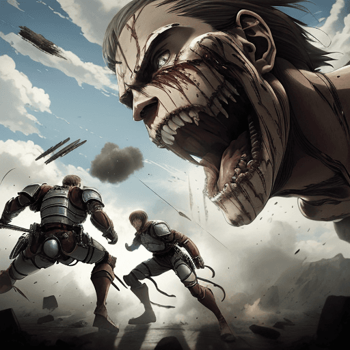 AI generated: masterpiece, cinematic scene, award winning, cinematic angle, Attack on titan, Levi versus armored T...