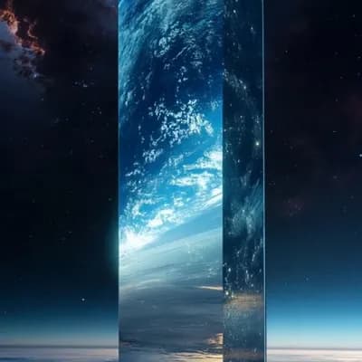 AI generated video: a 180 degree view of a giant reflective monolith on an alien planet