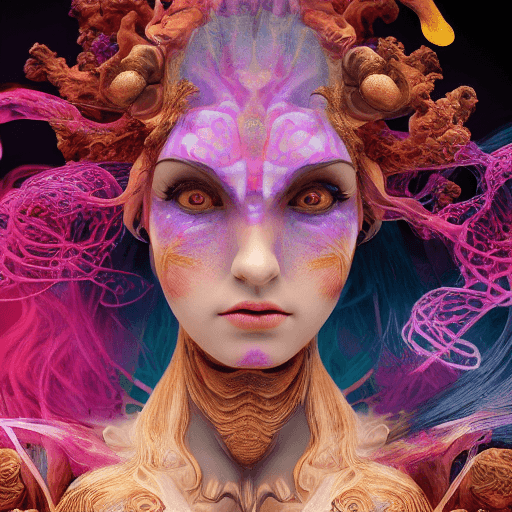 AI generated: Goddess close-up portrait ribcagel. jellyfish phoenix head, nautilus, orchid, skull, betta fish, bio...