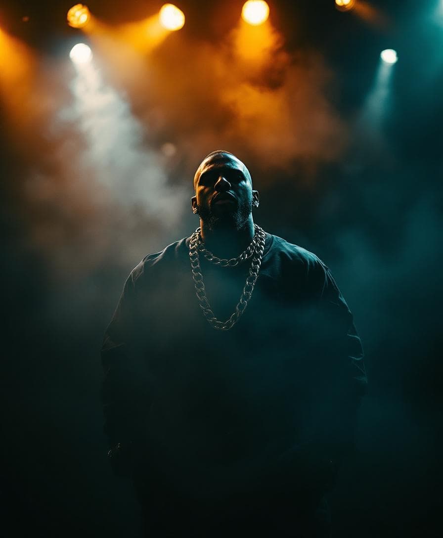 AI generated: color photography of rapper with the chain,  from fog on stage during concert, front view, volumetri...