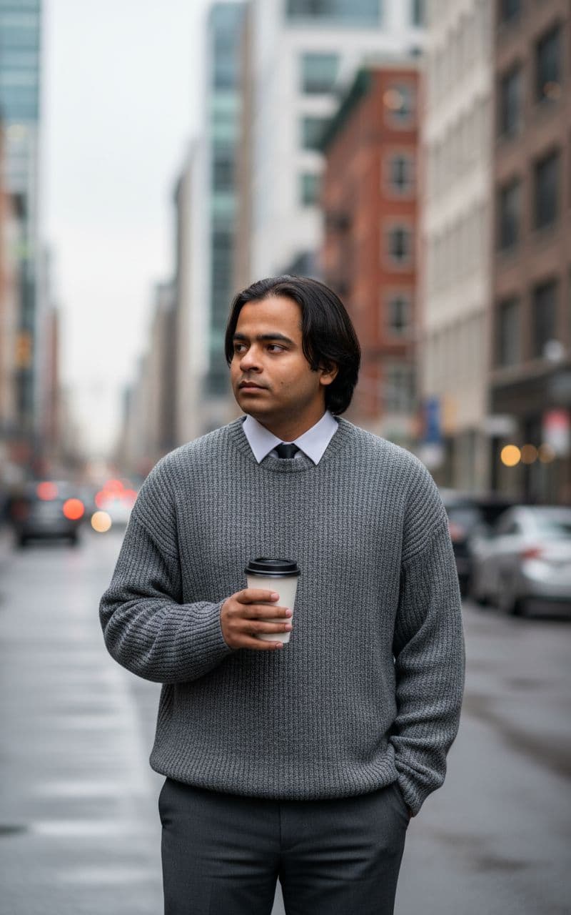 AI generated: A man in an oversized grey knit sweater over a white collared shirt and black tie, with charcoal gre...