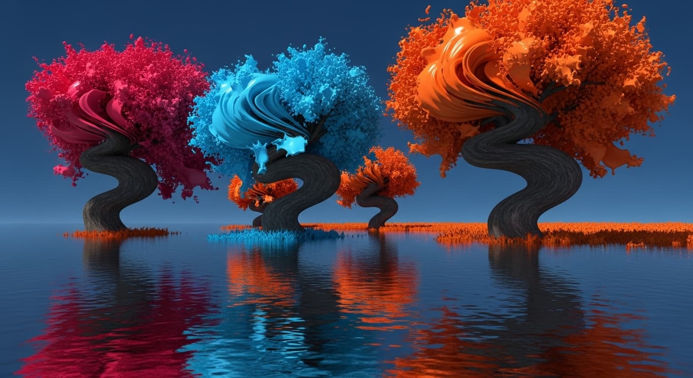 AI generated:   une abstraction  sur un canvas liquide d ,un  paysage aux couleurs d,automne 3d  avec des arbres  ...