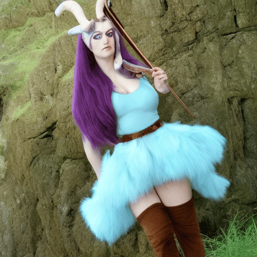 AI generated: Create an image of a tall female satyr warlock with hazel hair, short curled horns, heterochromia in...
