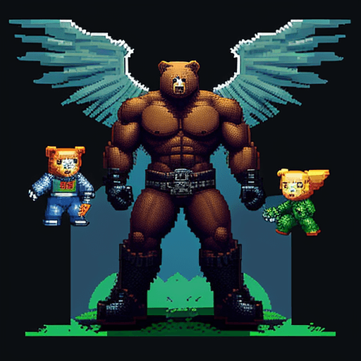 AI generated: The Bear +  Death Angels + The Alien + Werewolf+ pixel art banner + pixel art style + cover art styl...