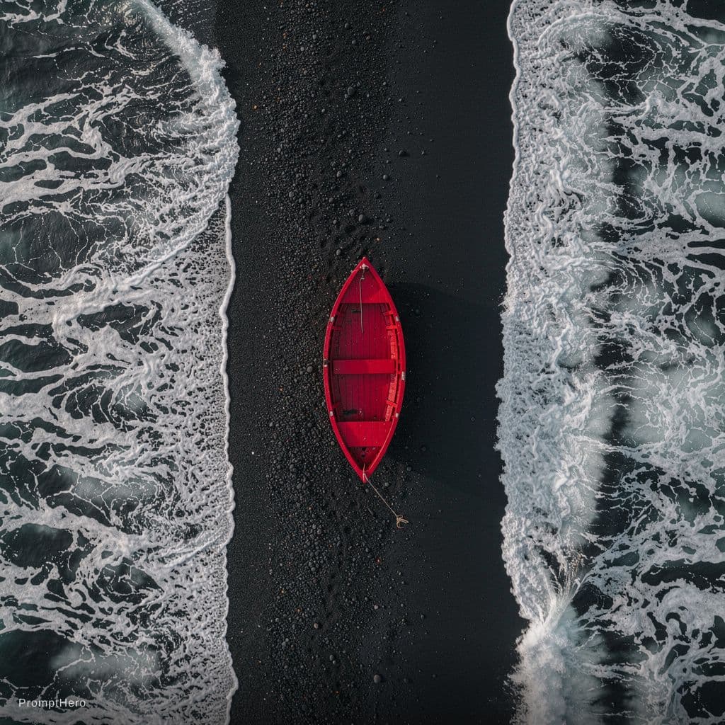AI generated: small, red wooden boat rests on a dark, volcanic beach.  The boat is centered in the image, position...
