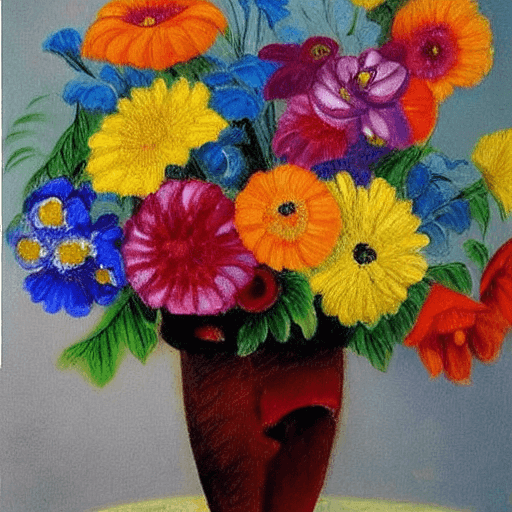 AI generated: colorful flowers arranged in a vase, resembling the style of a painting by the artist Sesane. The fl...