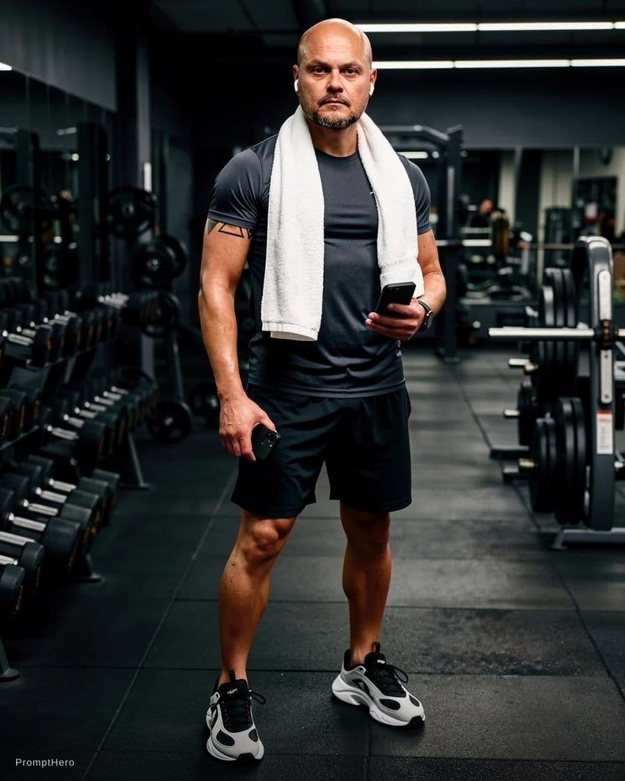 AI generated: man as the photo atached at the gym with towel around neck, gym clothes and sneakers, respect the pm...