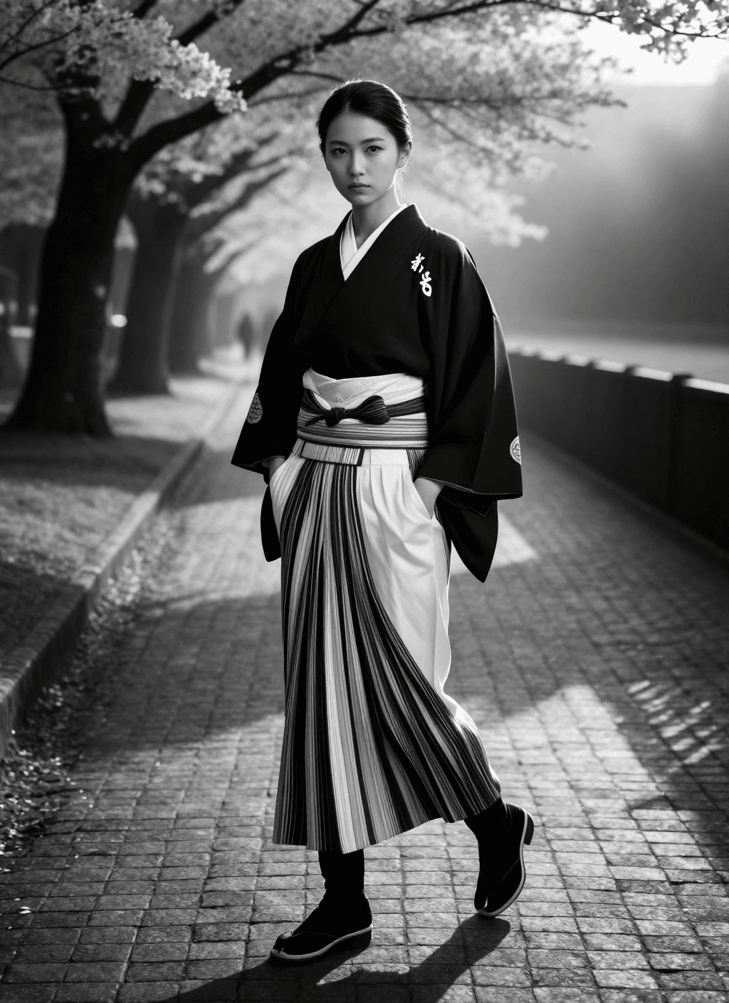 AI generated: ultra-realistic B&W 3/4 view photo of a female model in 2026 Tokyo. Long shadows at the sunset hour....