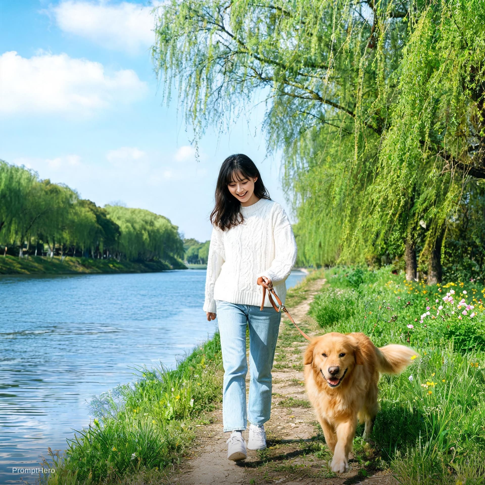 AI generated: a girl with dog walking around river
