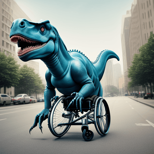 AI generated: Wheelchair guy riding a Dino
