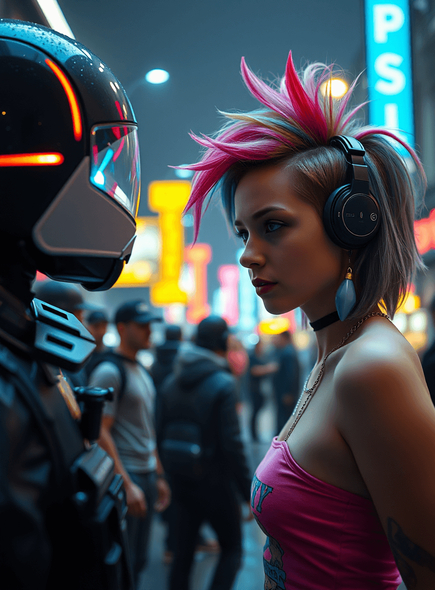 AI generated: A pretty punk girl with a crest of various colors in her hair in a futuristic Paris talking with a r...