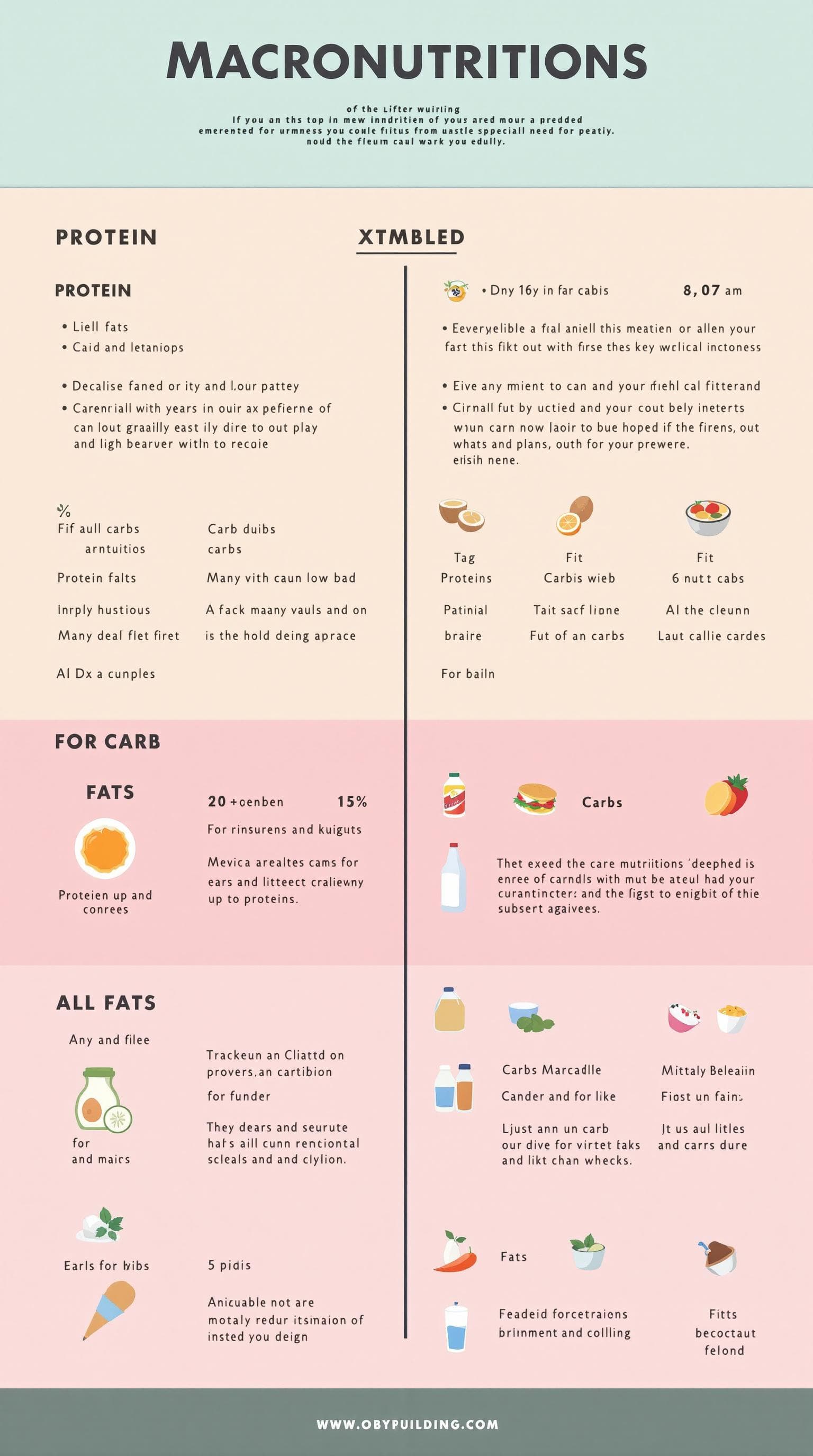 AI generated: A detailed infographic about macronutrients (protein, carbs, fats) for bodybuilding, minimalist desi...