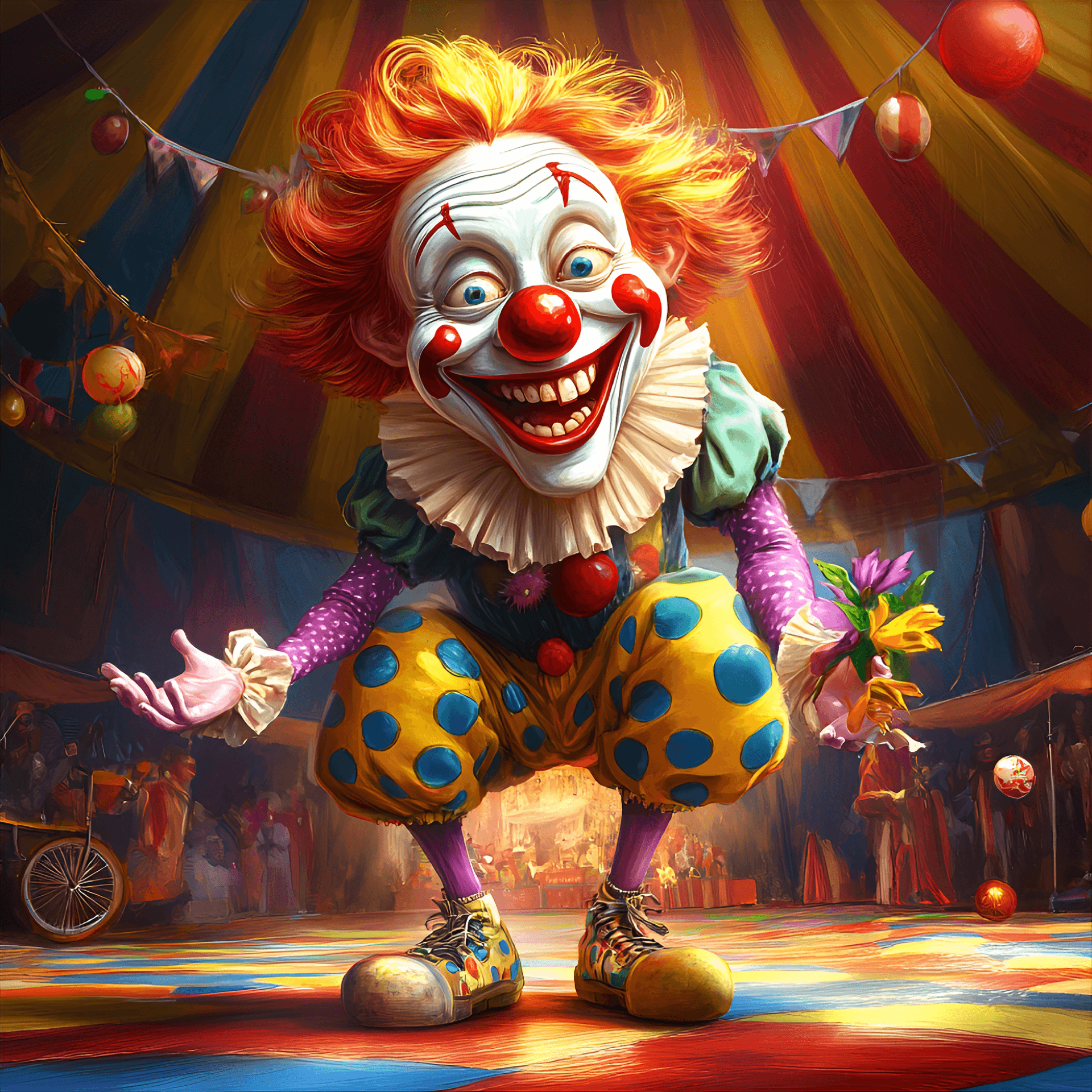 AI generated: funny caricature, zany clown character, 35 years old, colorful, mischievous, elastic, exaggerated ru...