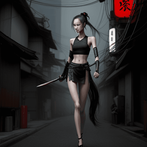 AI generated: 
A slender athletic girl with long legs, very high-heeled shoes, in her hand a long samurai katana s...