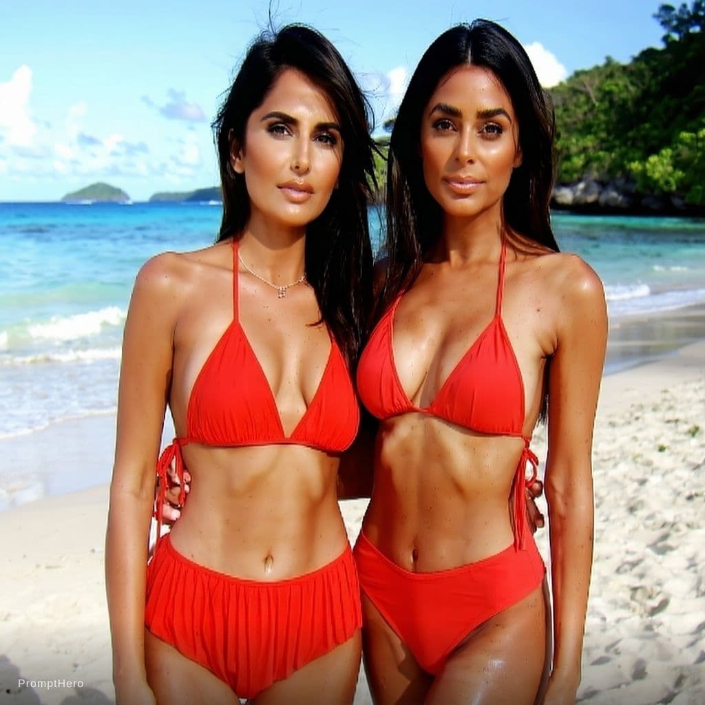 AI generated: This two girls trisha and nayanthara red triangle bikini