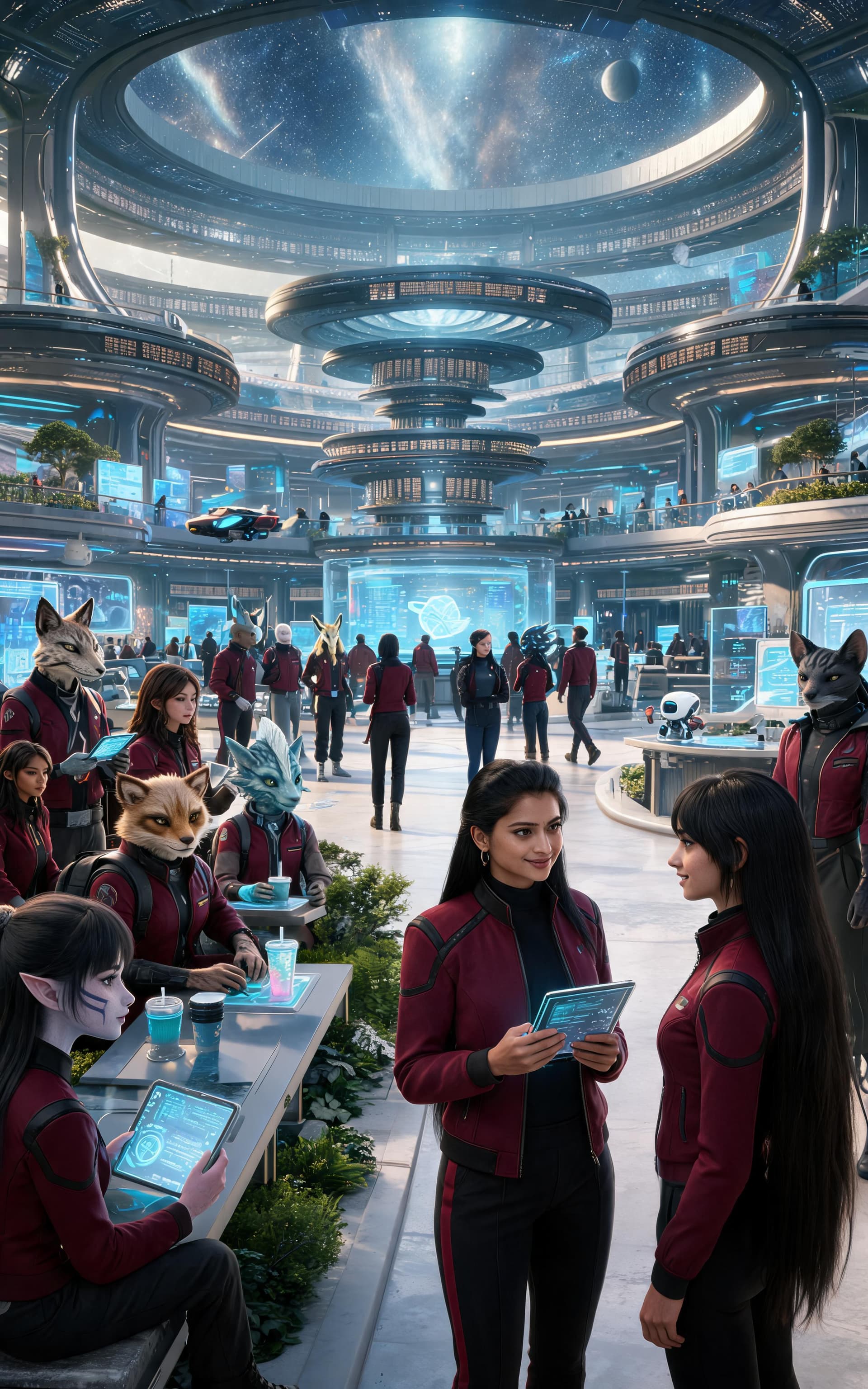 AI generated: Create a highly cinematic, ultra-realistic scene depicting everyday life inside the Galaxial Vora'di...