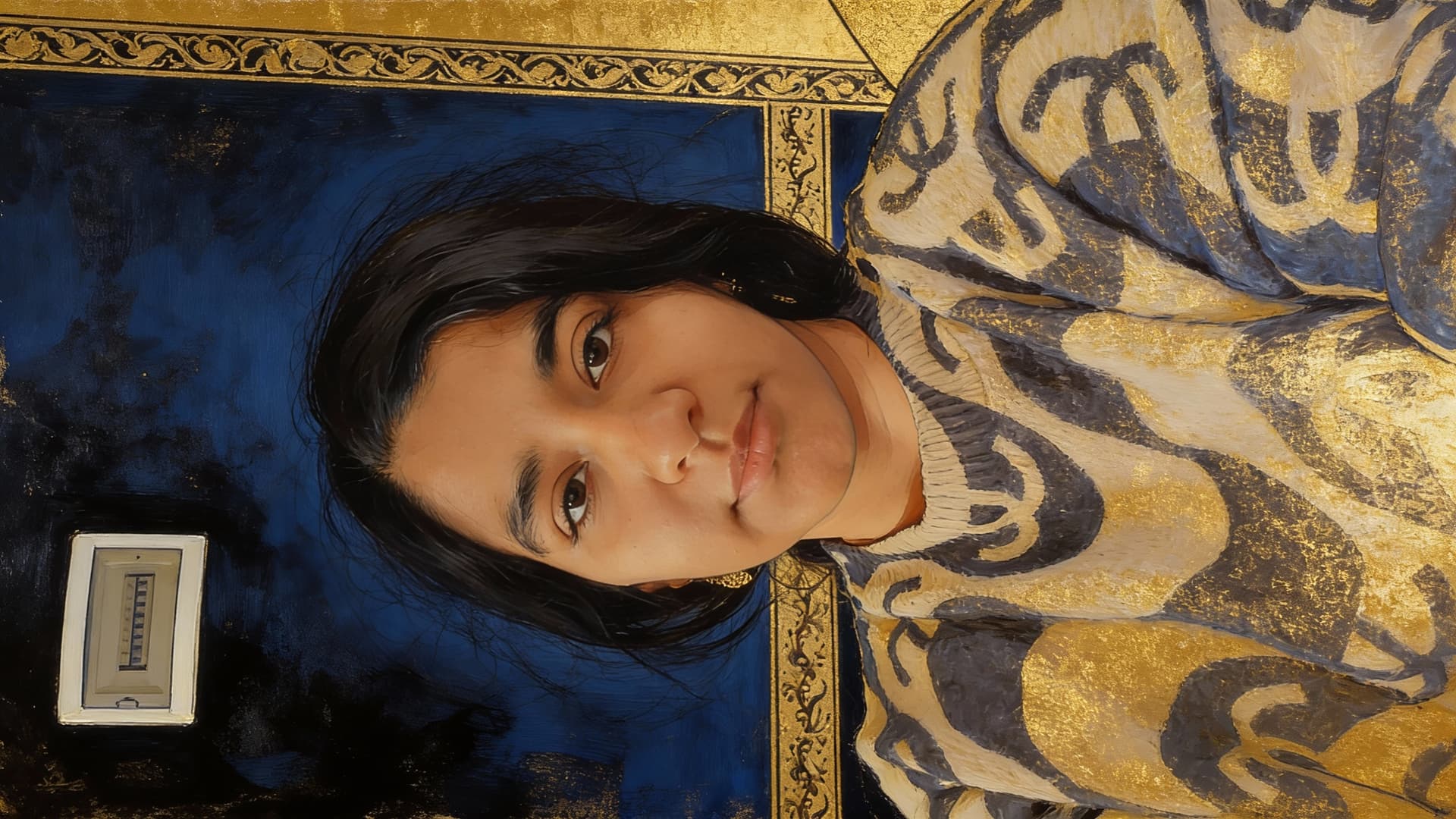 AI generated: a woman with long black hair in a gold painting, in the style of charlie bowater, dark blue and dark...