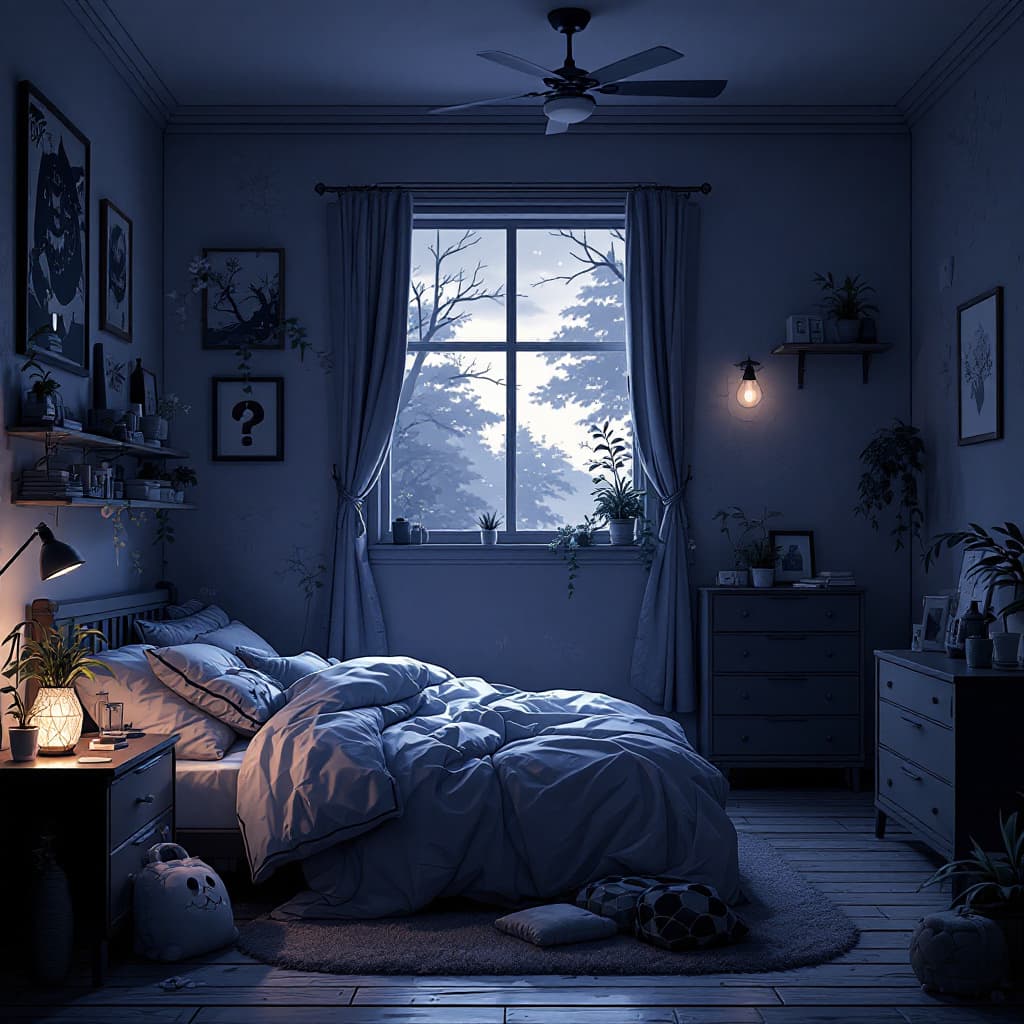 AI generated: Gloomy anime bedroom background 