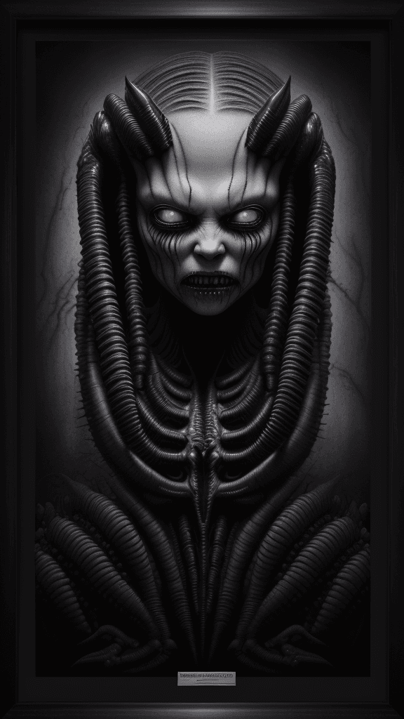 AI generated: "Dread-inducing Xenomorph RFKTR-style headshot framed((club card)):2.2 featuring H.R. Giger's master...