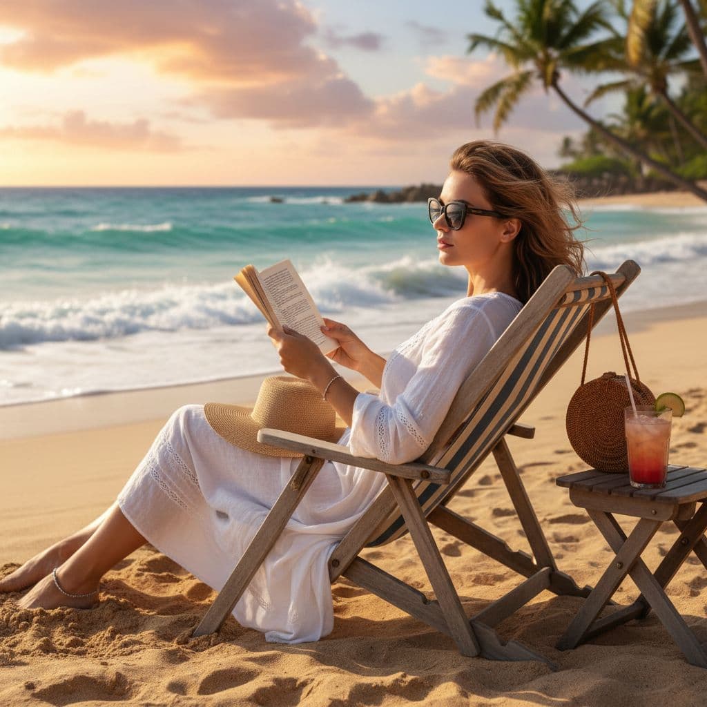 AI generated: create a POD image of a woman sat on a beach chair